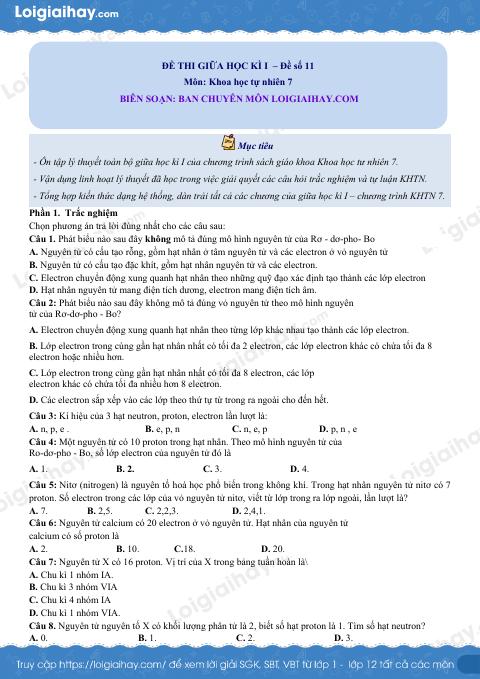 Đề thi giữa kì 1 KHTN 7 Cánh diều - Đề số 11
